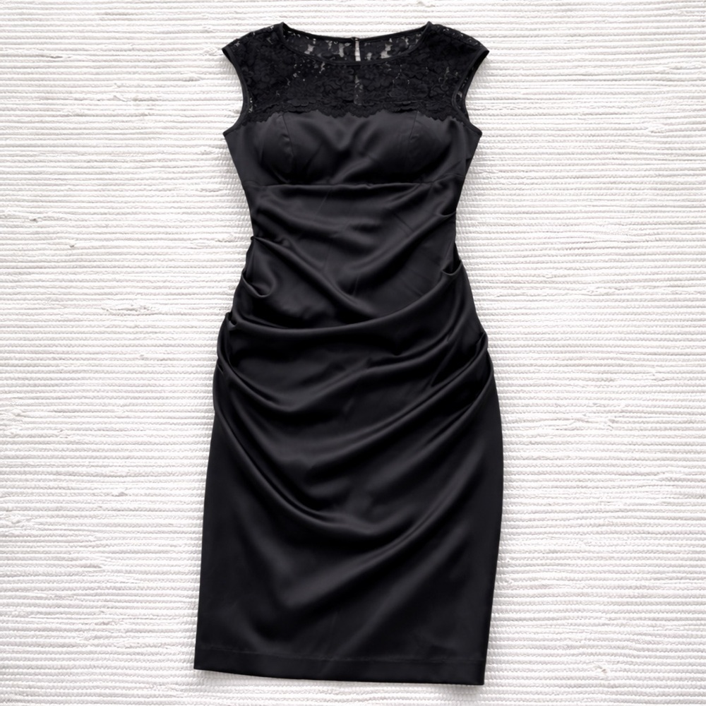 Xscape Black Satin Lace Midi Dress Ruched Bodycon Evening Size 12